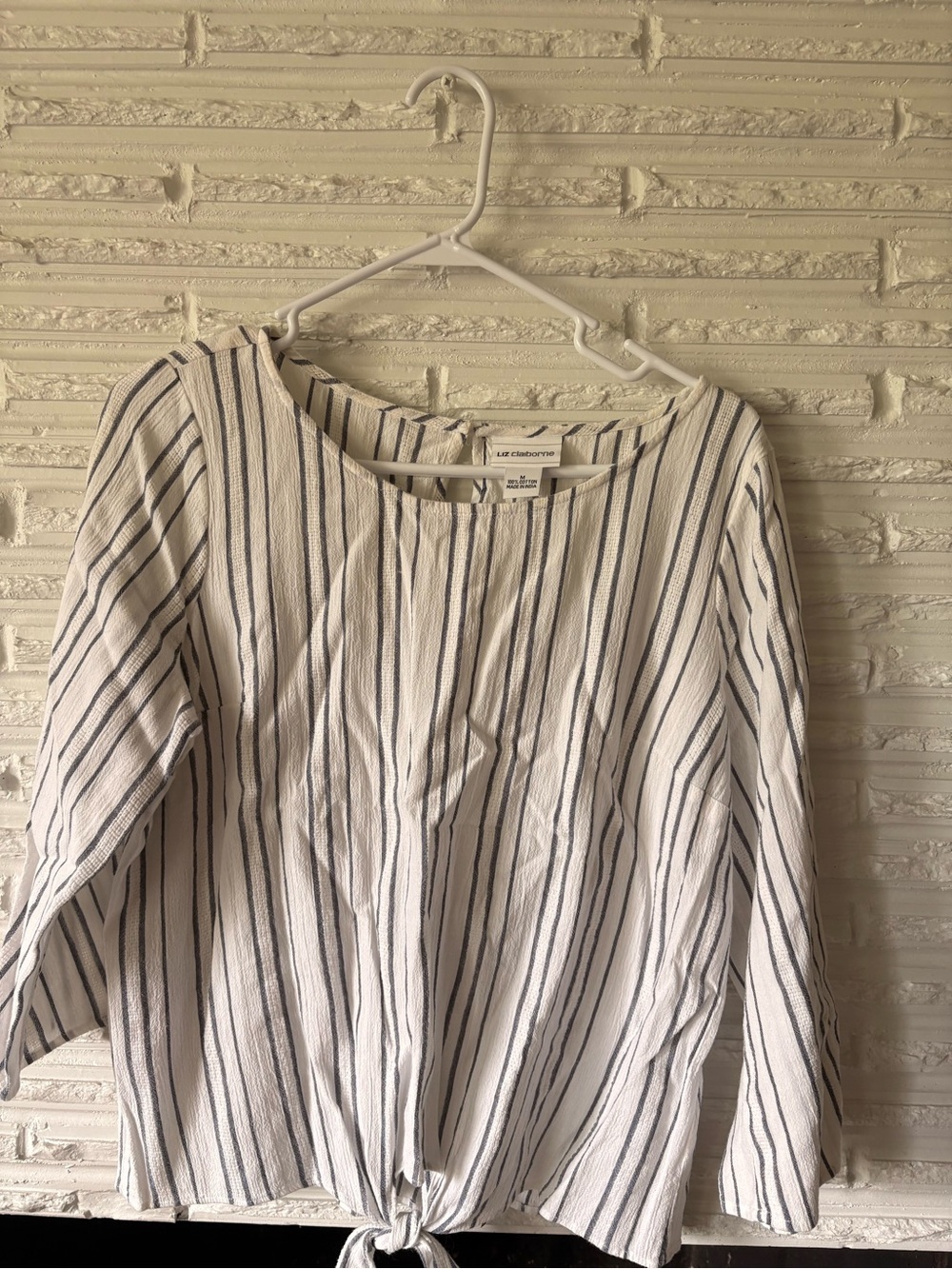 Liz Claiborne White linen Blouse with Navy Vertical Stripes and Front Tie